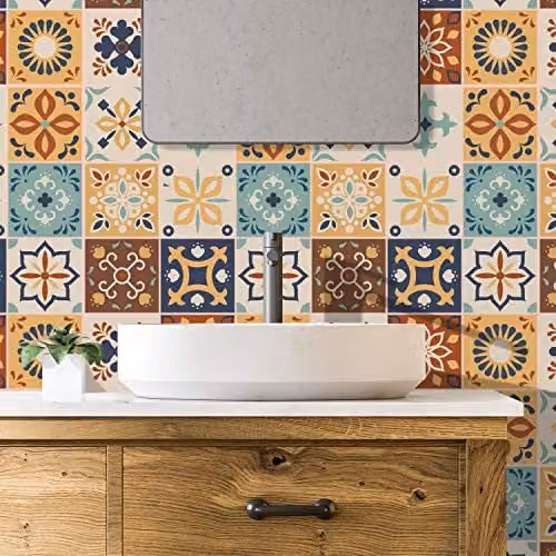 WALPLUS 24 Piece Moroccan Geometric Tile Stickers in Brown and Blue, 15 cm Square Self-Adhesive Vinyl Wall Decals