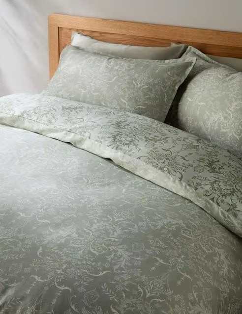 M&S Aida-Alouette Green Floral Damask Sateen Cotton Bedding Set, W: 90 cm, L: 190 cm