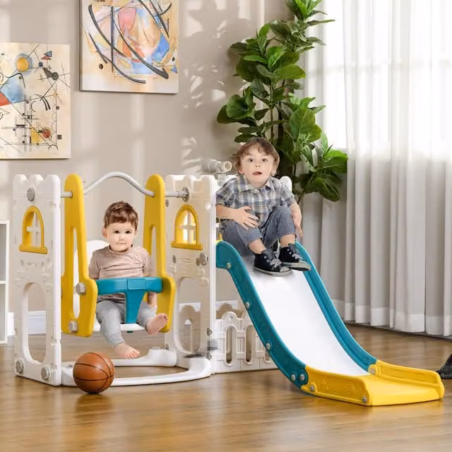 AIYAPLAY 6-in-1 Toddler Climber Set with Slide, Swing and Basketball Hoop, Yellow and Multicolour
