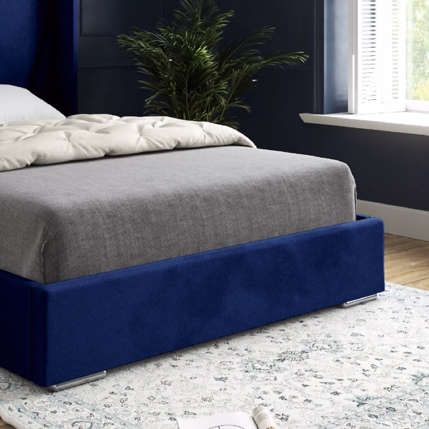 KDMD Bellini Wide Curved Winged Upholstered Soft Velvet Blue Bed Frame, Size: King (180 x 200 cm) – 3