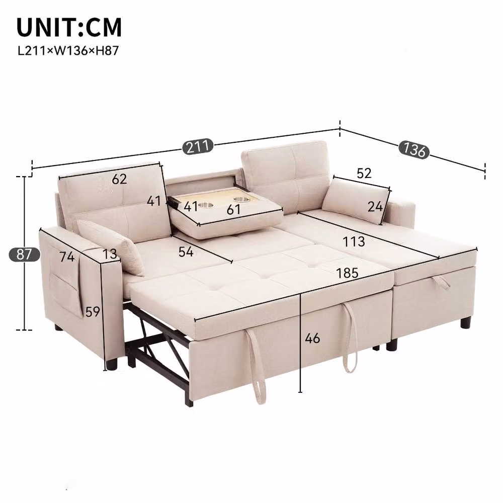 Rolipo Beige L-Shaped Reversible Fabric Sofa Bed with Pull-Out Sleeper and Cup Holders – 2