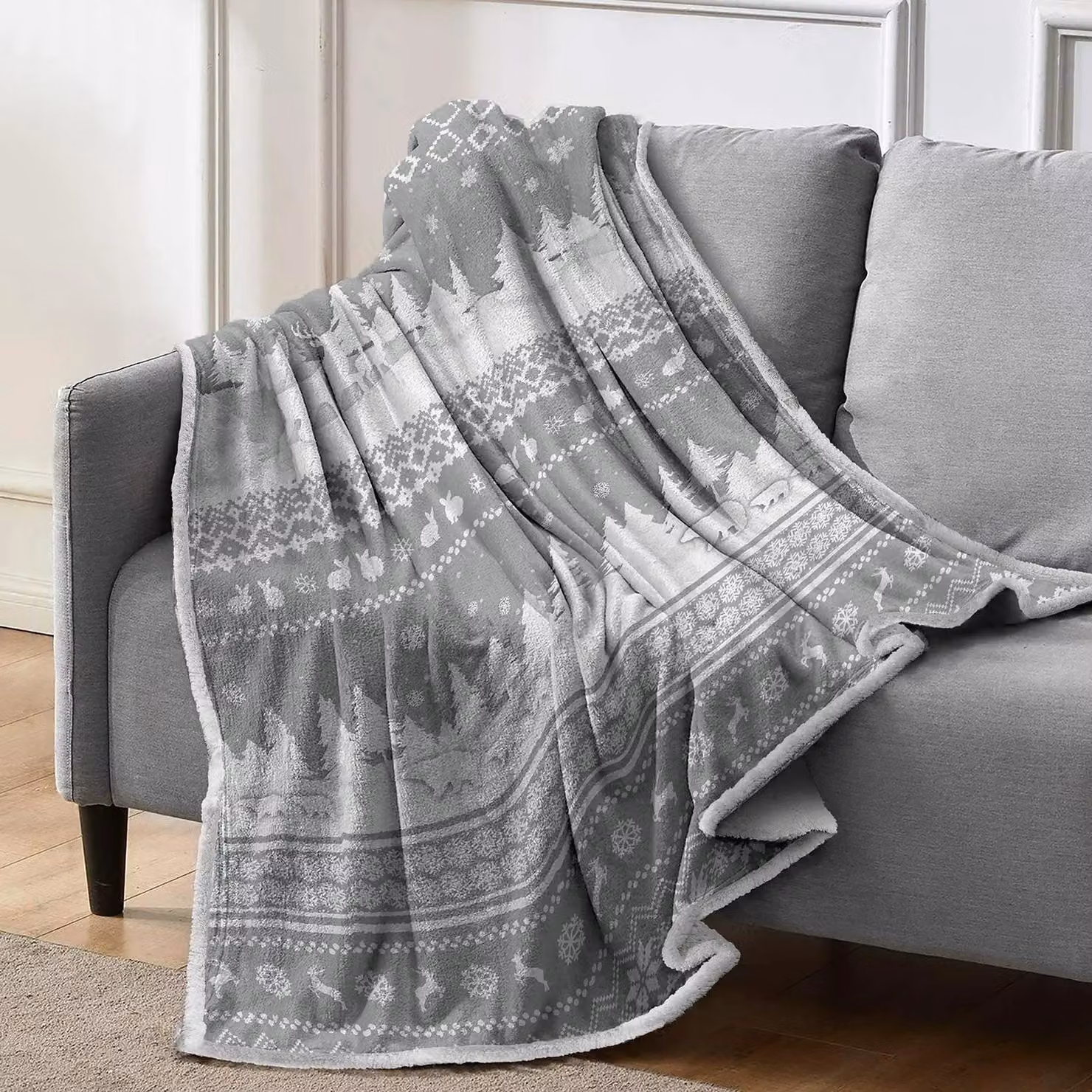 Velosso Cosy Sherpa Fleece Blanket in Grey Nordic Print, W/D/H: 125 x 150 cm – 2