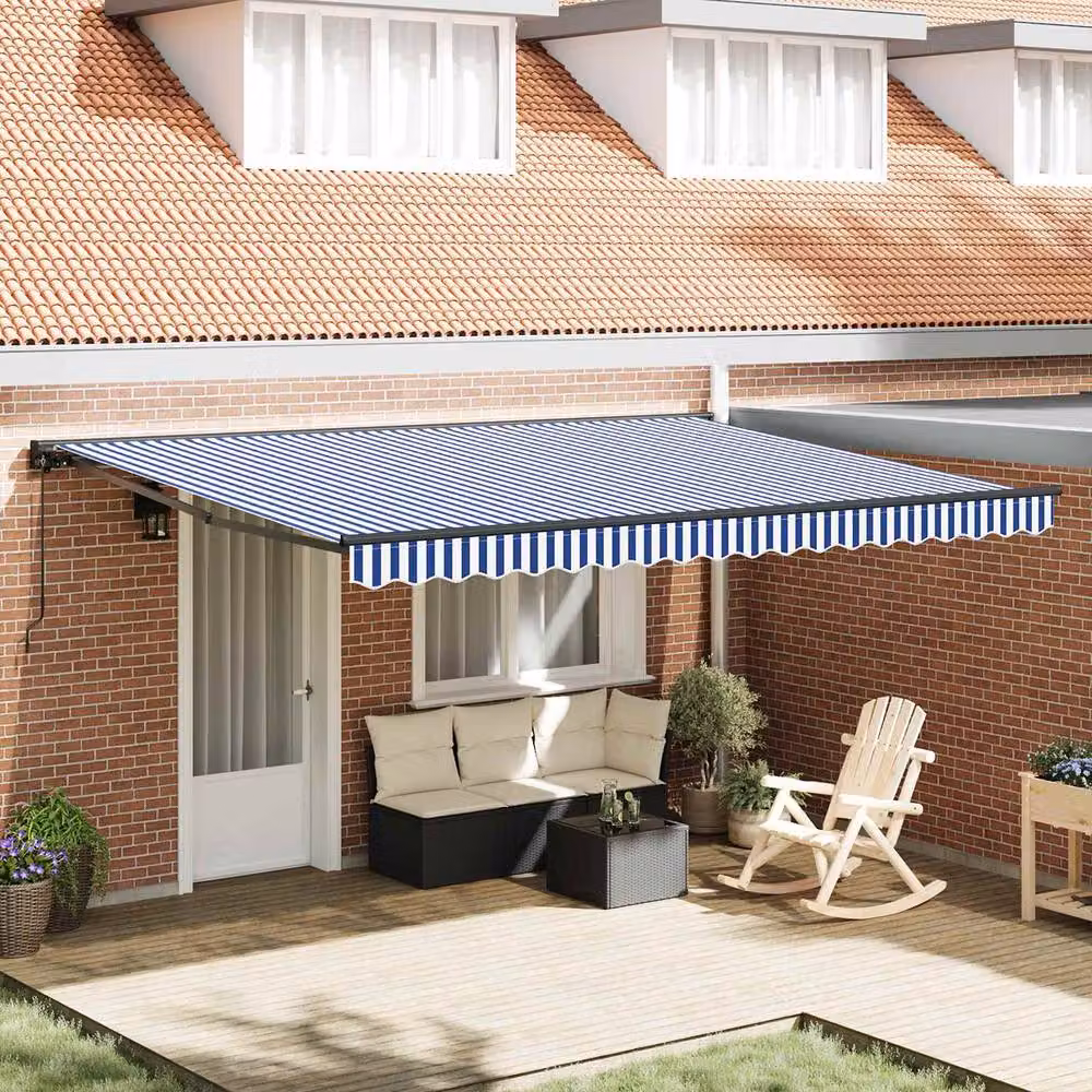 Berkfield Home Manual Retractable Folding Arm Awning in Blue and White, W: 450 cm, D: 300 cm – 2