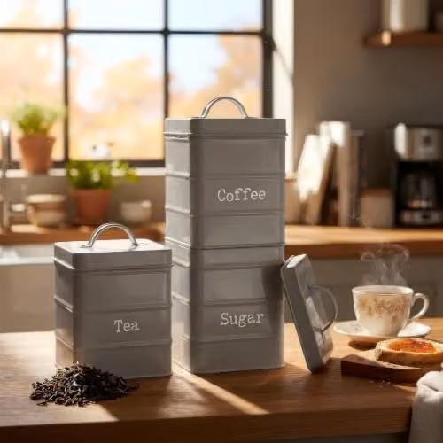 Harbour Housewares Metal Tea Coffee Sugar Canister Set in Grey, 3-Piece Airtight Vintage Food Storage Containers – 2