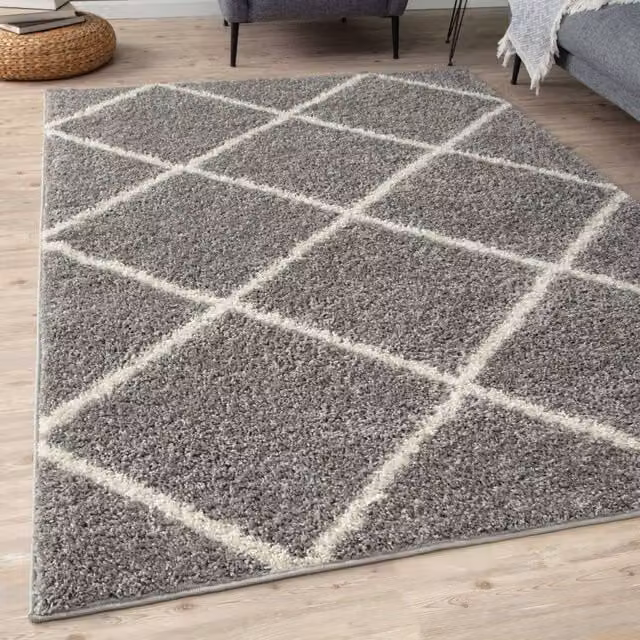 THE RUGS Moroccan Soft High Pile Shaggy Diamond Rug, Grey, W: 240 cm, D: 340 cm – 1