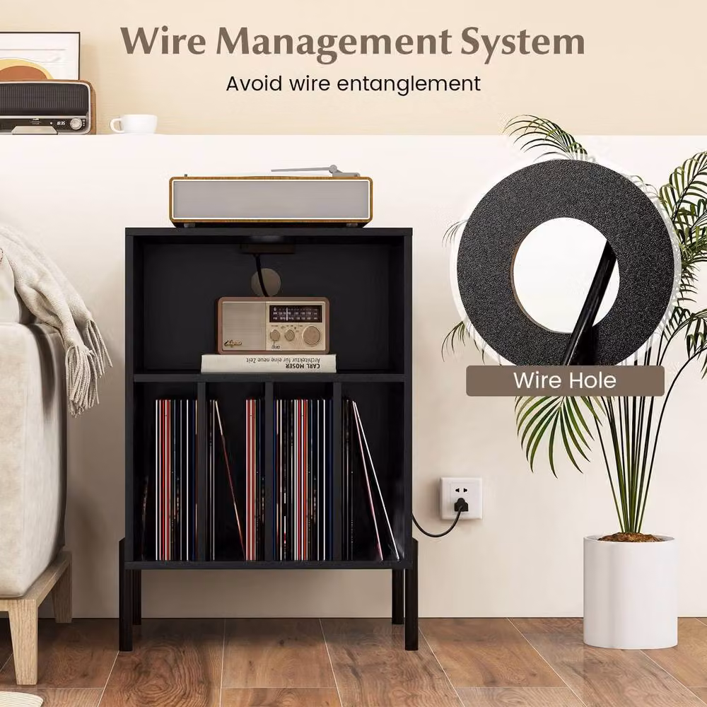 Costway Black Wooden Vinyl Record Player Stand with Integrated Charging Station and Media Compartments – 5