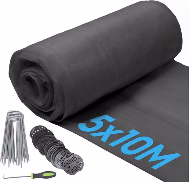 Harbour Housewares 50gsm Black Weed Control Fabric Set with Pegs and Plates, 6.1kg