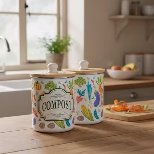 Purely Home Vintage Allotment Compost Caddy - Metal Decorative Kitchen Food Waste Bin with Removable Inner Bucket and Odour Filter - Green, White and Multicolour, 2L – 2