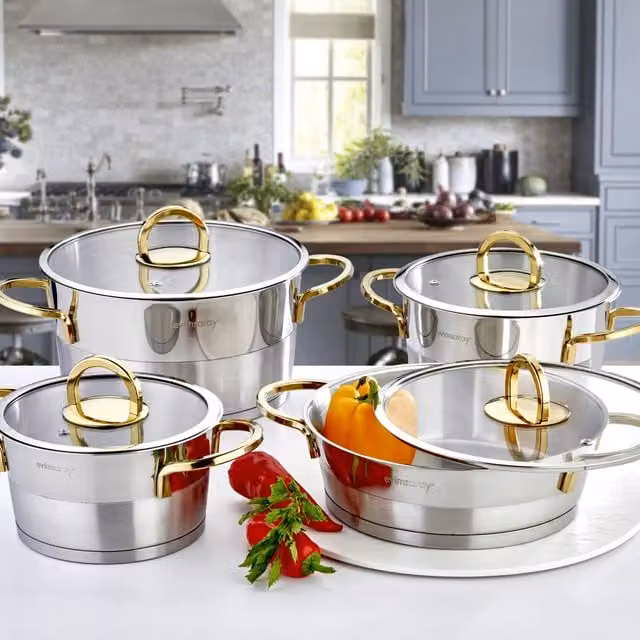 Evimsaray Elit Series 8-Piece Stainless Steel Cookware Set with Lids and Gold Handles in Silver