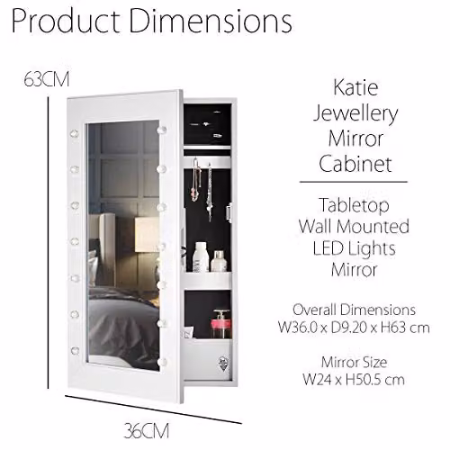 CARME Katie White Jewellery Storage Cabinet with Mirror and LED Lights, Wall Mounted or Tabletop Organiser for Bedroom and Bathroom – 5