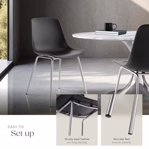 tectake Set of 6 Classic Dining Chairs with Ergonomic Plastic Seats and Chrome-Plated Steel Legs in Black – 5