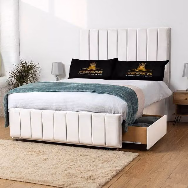 UK Bed Furniture Falcon Single Divan Bed with 2 Drawers and 26 Inch Headboard in White, W/D/H: 90 x 200 cm