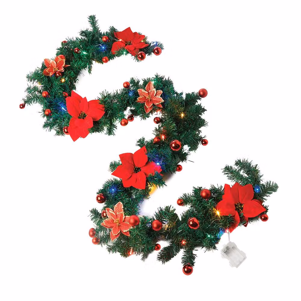 Coopers of Stortford 2.7m Christmas Poinsettia and Bauble Garland with 40 Multi-Colour LEDs – 2