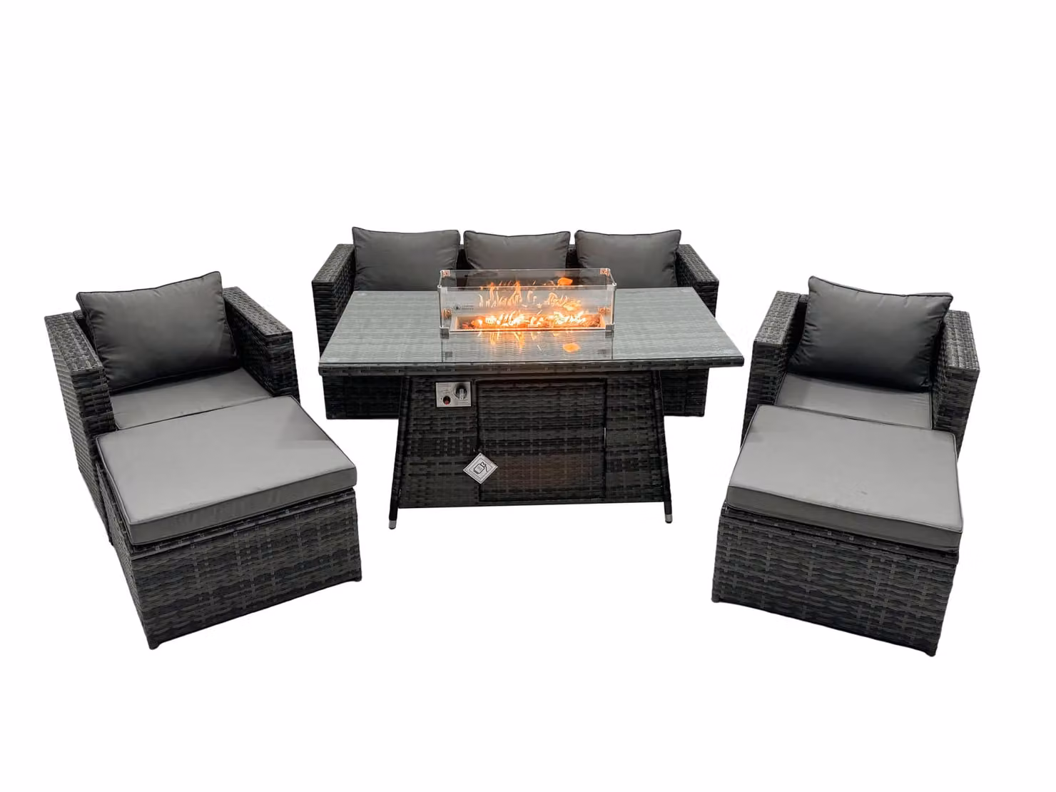 Fimous 7 Seater Rattan Garden Furniture Firepit Dining Set with Lounge Sofa, Table and 2 Footstools in Dark Grey – 2