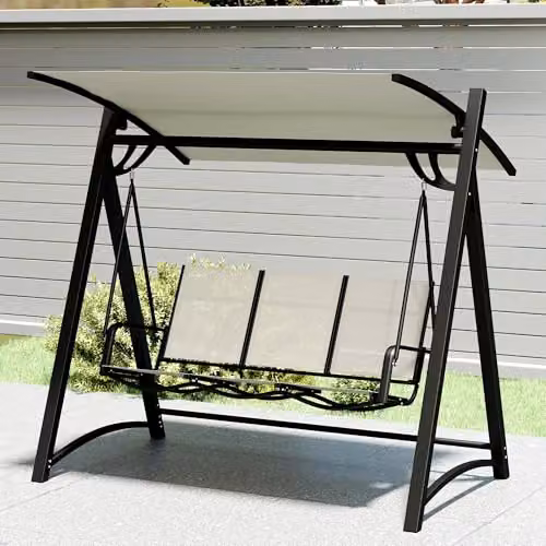 Outsunny 3 Seater Garden Swing Bench with UV-Resistant Sun Canopy in Beige and White – 9