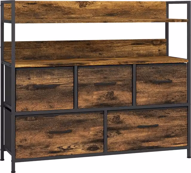 HOMCOM Rustic Chest of Five Fabric Drawers in Brown Wood Effect – 1