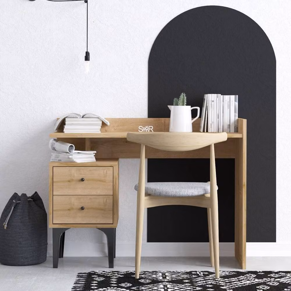 CALICOSY Writing Desk with Dual Pedestal Storage, Oak Wood Finish, Brown, W: 100 cm, D: 45 cm, H: 80 cm – 2