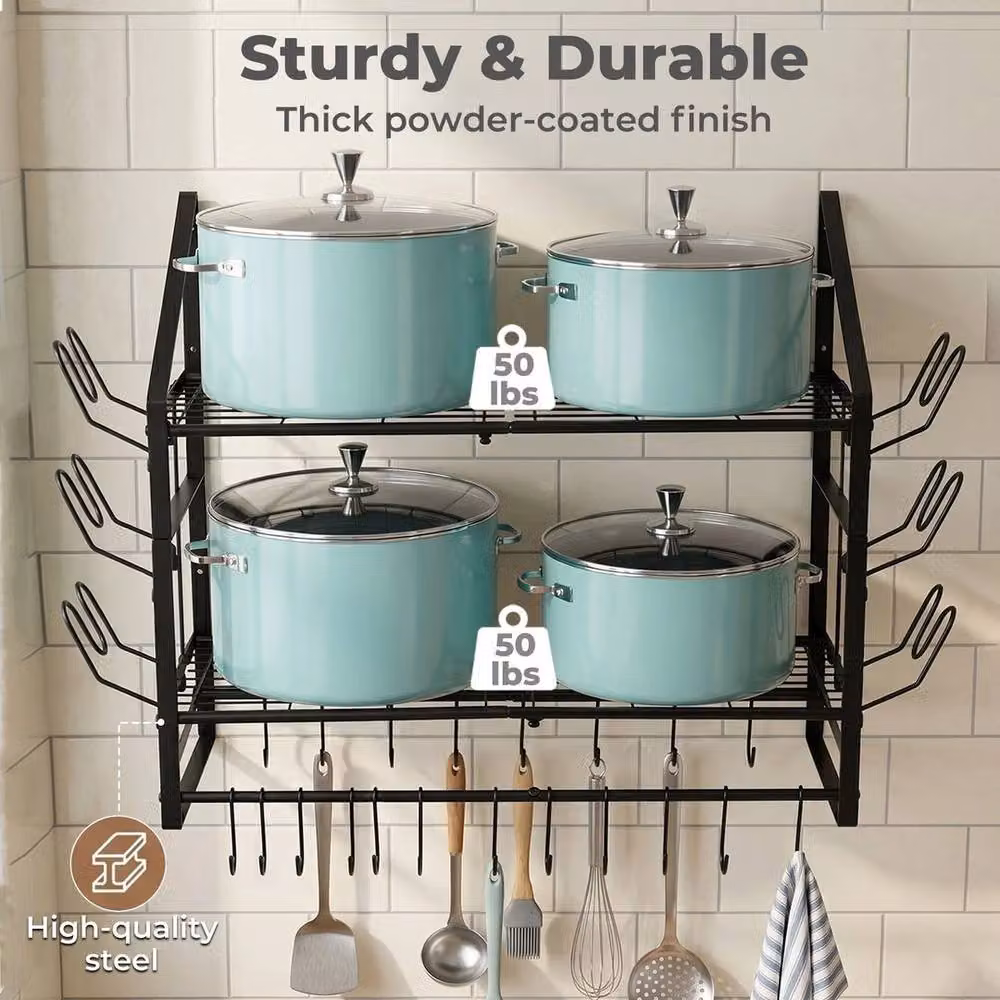 KORVIXA Black Matt Metal Wall Mounted Pot Rack and Kitchen Storage Organiser Shelf – 2