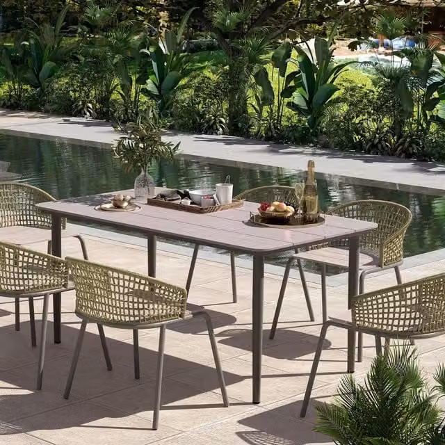 Outsunny Minimalist Rectangular Garden Table with Rust Resistant Metal and Composite Frame in Grey