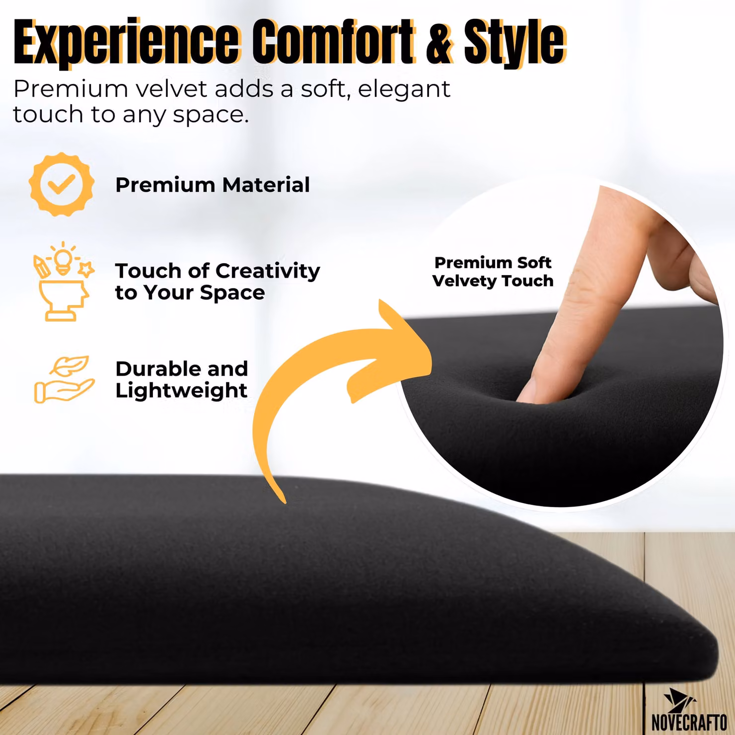 Novecrafto Set of 6 Soft Velvet Upholstered Wall Panels with Adhesive, Black, W: 60 cm, H: 30 cm – 2