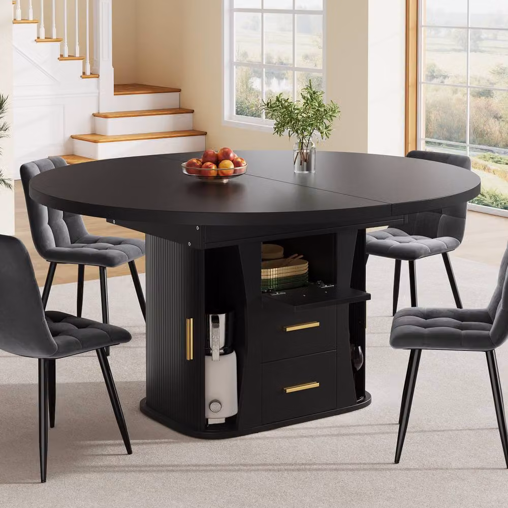 BTM Extendable Round Dining Table in Black with Lift Mechanism and 3-Tier Storage, W/D/H: 118 x 118 x 77 cm (Extends to 158 cm) – 3