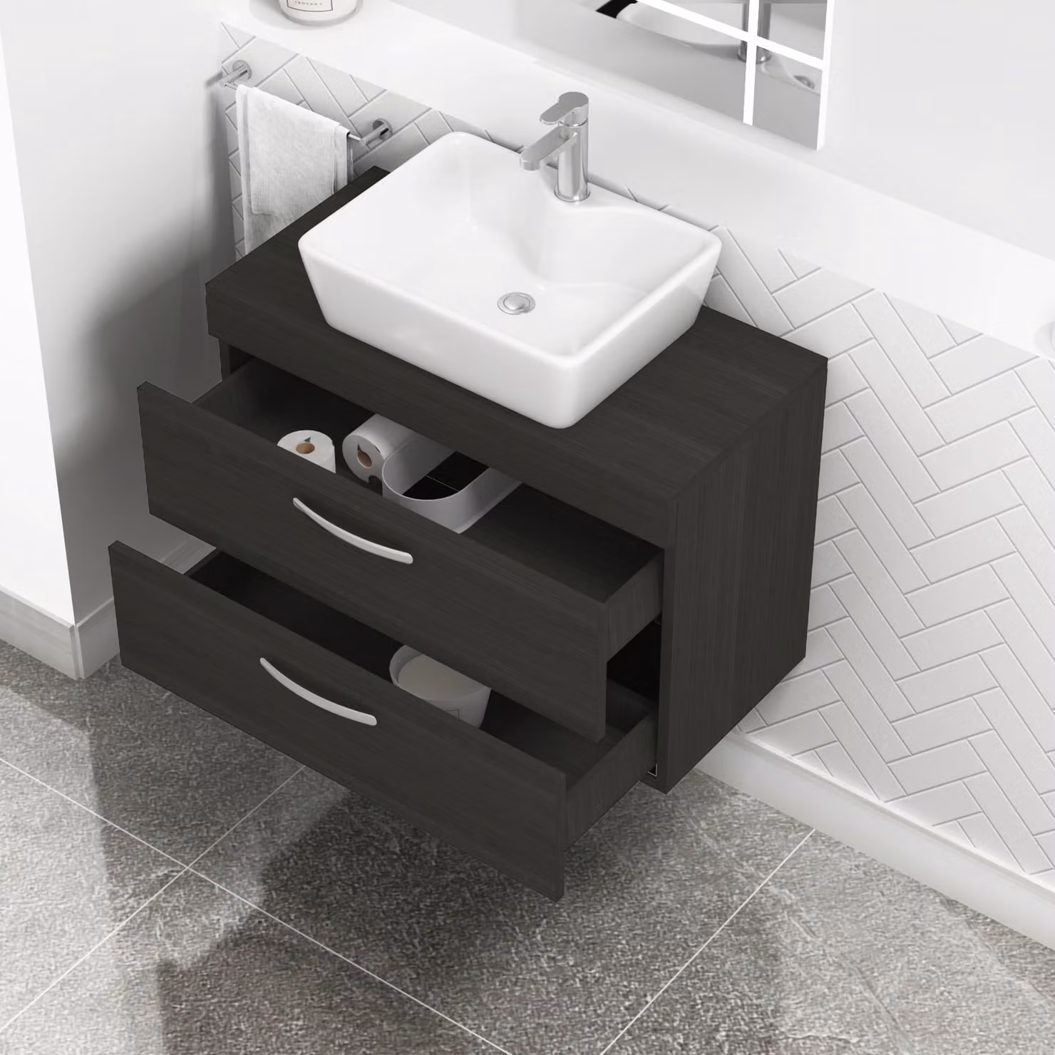 Royal Bathrooms Hale Black Wall Hung 800mm 2 Drawer Vanity Unit with Cube Countertop Basin