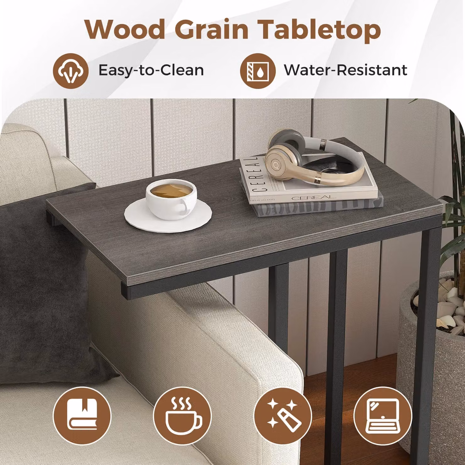 Costway C-Shaped End Table for Couch and Bed, Oak in Grey, Height: 64 cm – 6