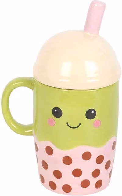 Something Different Kawaii Bubble Tea Ceramic Mug with Lid, Multicolour, 370ml