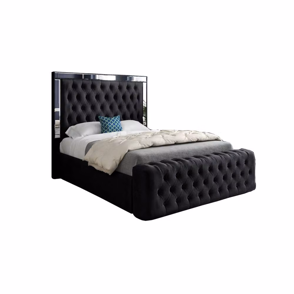 KDMD Reigate Single Mirror Upholstered Designer Bed Frame in Black Soft Velvet, W/D/H: 90 x 200 x 137 cm – 2