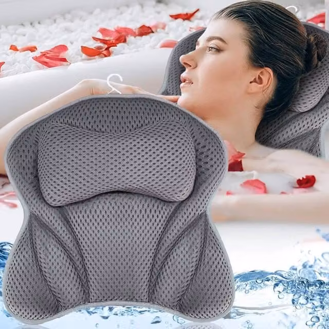 VOGREX Waterproof 4D Mesh Spa Bath Pillow with Neck and Back Support in Grey – 1