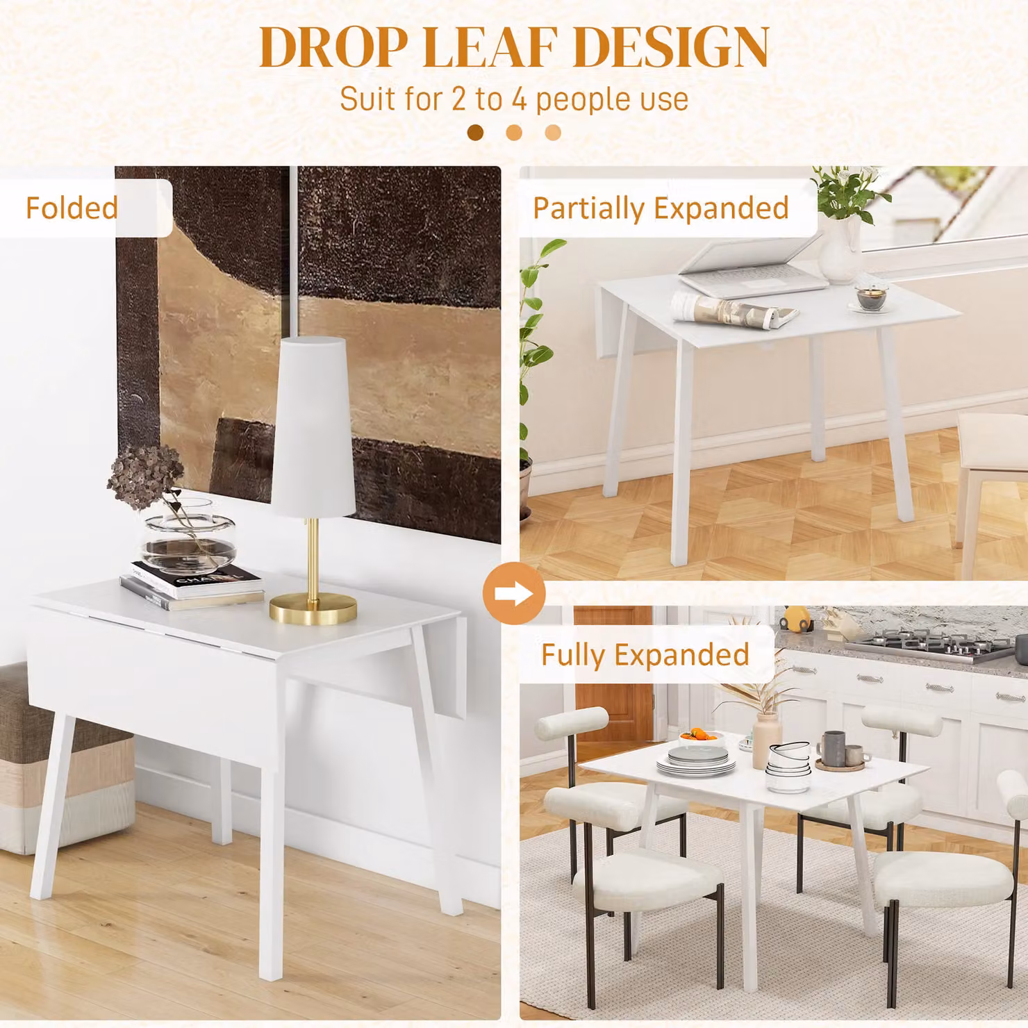 HOMCOM White Modern Folding Drop Leaf Kitchen and Dining Table for 2-4 Adults – 3