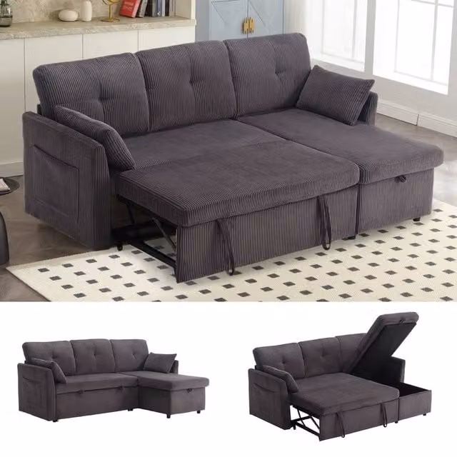 Direct Wicker Grey L-Shape 3-in-1 Convertible Sofa with Storage and Pull-Out Bed, W/D/H: 206 x 150 x 88 cm – 1