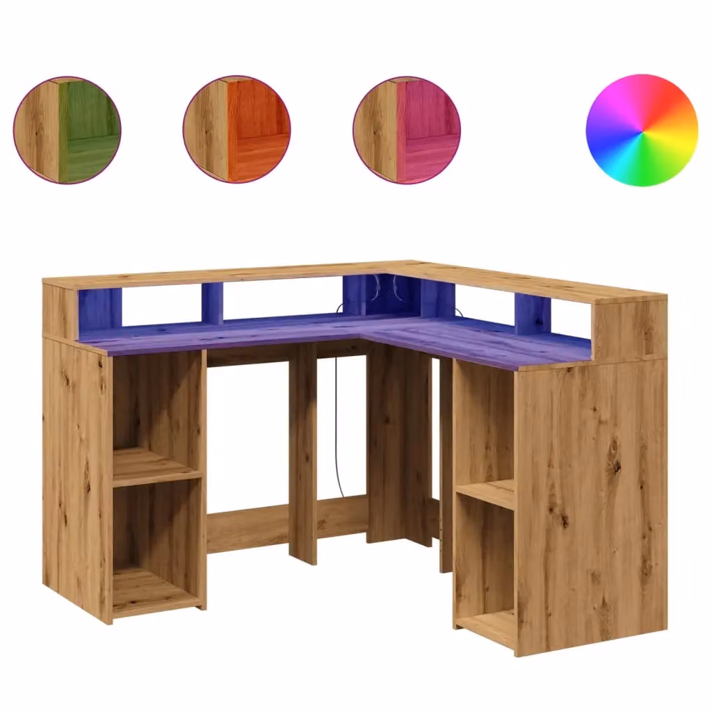 Berkfield Modern Corner Home Office Desk with LED Lights in Artisan Oak Brown, W/D/H: 130 x 130 x 91 cm – 2