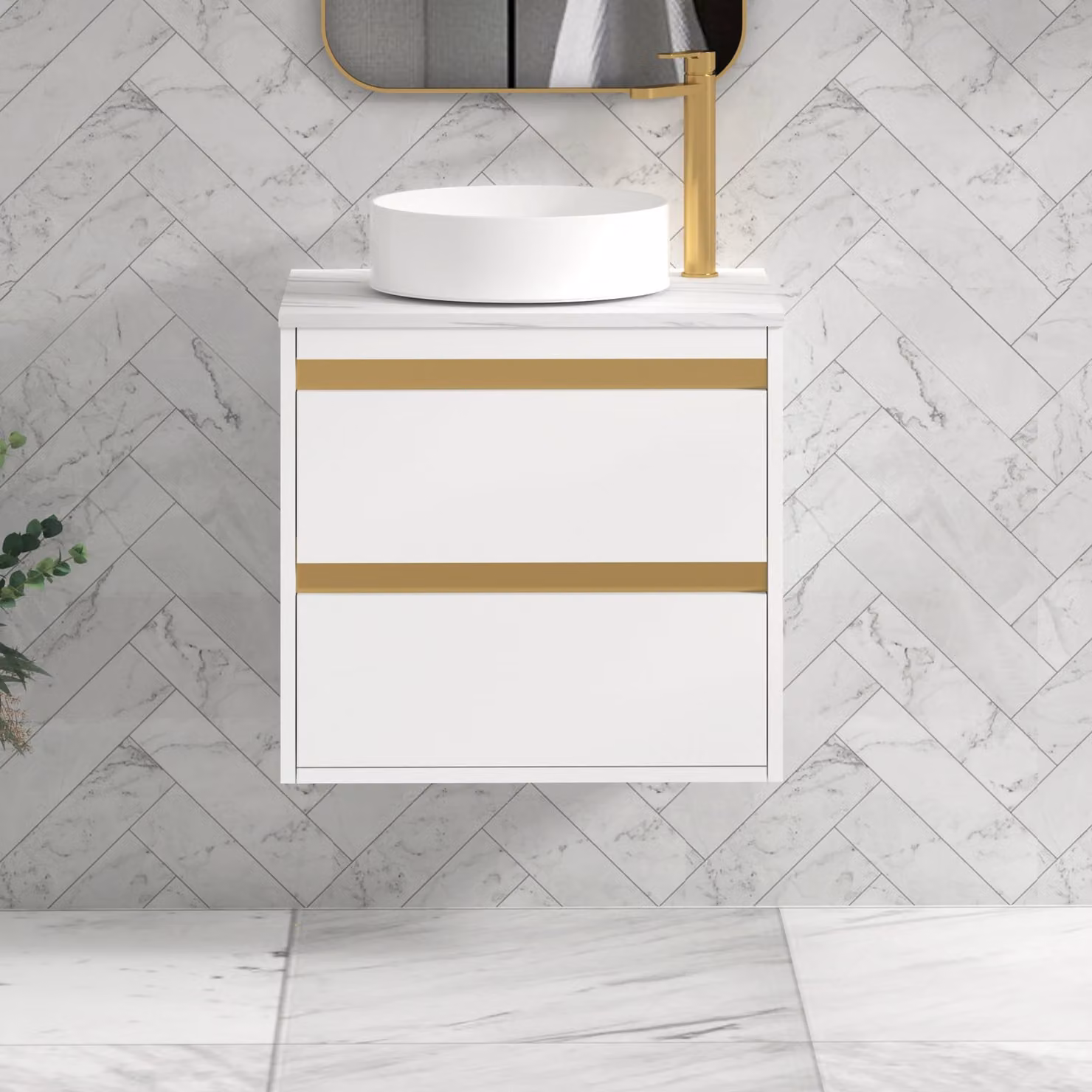 Royal Bathrooms Orion 600mm Matt White Wall Hung 2 Drawer Vanity Unit with Art Basin and Brushed Brass Accent Trim