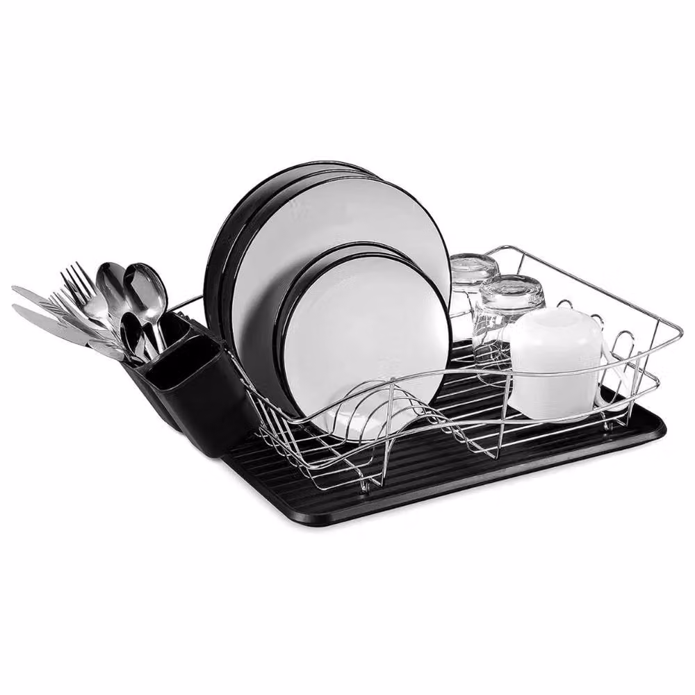 VOGREX Large Black Kitchen Dish Drainer Rack with Drip Tray, Cutlery Holder and Cup Holder, Coated Steel Metal Construction, W: 41.0 cm, D: 32.0 cm, H: 9.5 cm – 3