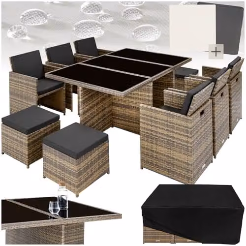 tectake Polyrattan Garden Furniture Set in Natural with Aluminium Base, Including 6 Dining Chairs, 1 Table and 4 Stools for Up to 10 People – 1