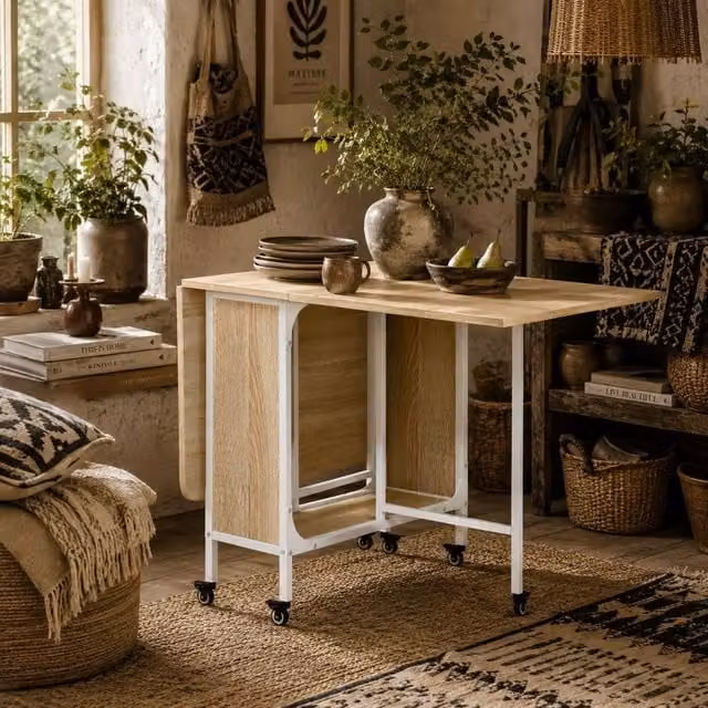 Wyld Haus Suni Reta Modern Drop Leaf Dining Table in Natural Wood and White, Seats 6, W/D/H: 80 x 80 x 74 cm – 1