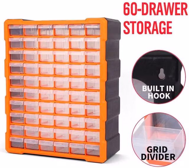 KORVIXA 60 Multi Drawer Organiser Garage Tool Box, Orange and Transparent, W: 100 cm, H: 100 cm – 1