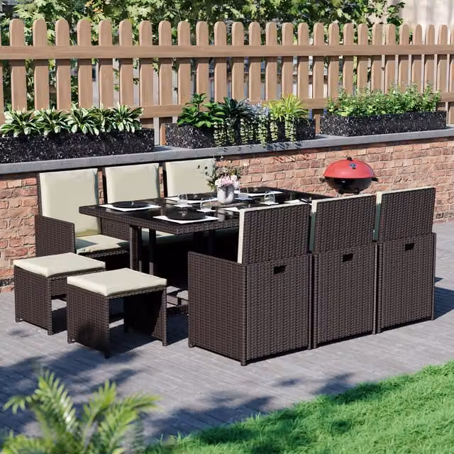 Vida Designs Cuba 10 Seater Rattan Dining Set with Glass Top in Brown and Black