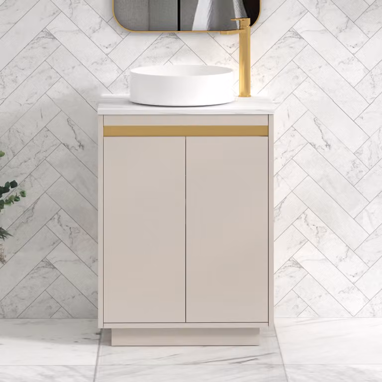 Royal Bathrooms Orion 800mm Warm Taupe Floor Standing 2 Door Vanity Unit with Carrara White Undrilled Worktop and Brushed Brass Accent Trim