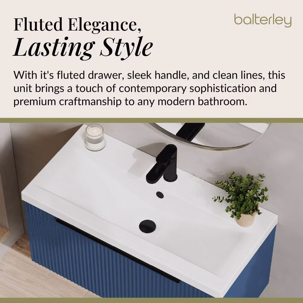 Balterley Fluted Front Wall Hung 1 Drawer Vanity Basin Unit in Satin Blue, W: 80 cm – 3
