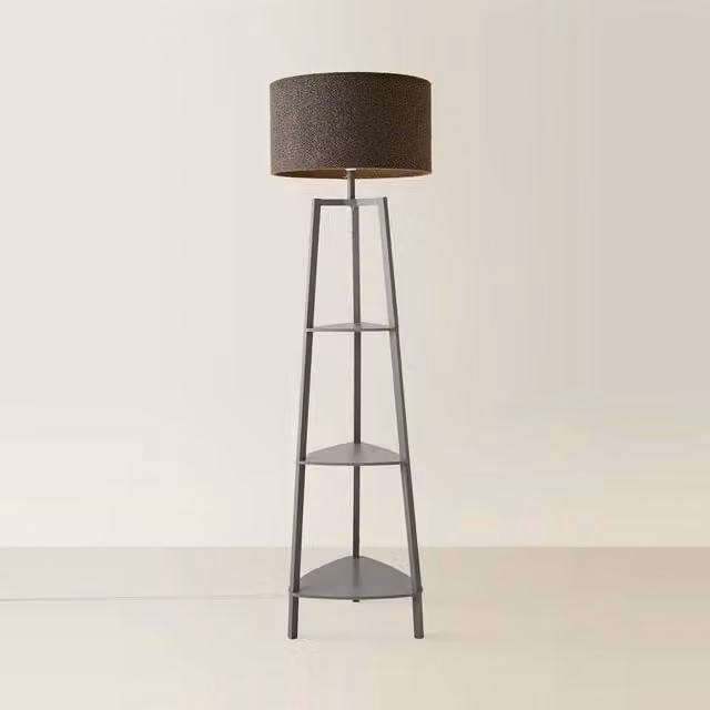 ValueLights Hiru Grey 3 Tier Wooden Shelf Floor Lamp with Boucle Drum Shade in Anthracite