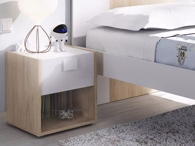 Vente-unique Scandinavian Bedside Table with 1 Drawer and 1 Open Compartment in White and Light Oak, W/D/H: 40 x 33 x 42 cm
