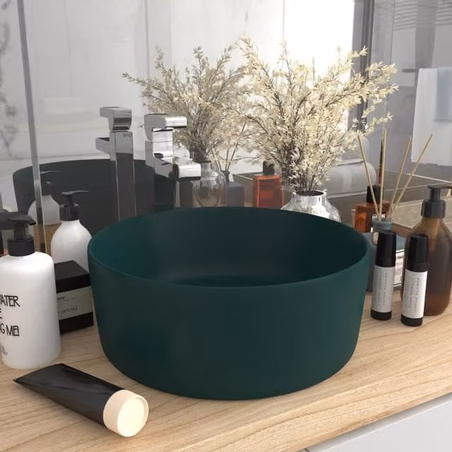 Berkfield Home Luxury Round Ceramic Wash Basin in Matt Dark Green, Diameter: 40 cm, Height: 15 cm – 1