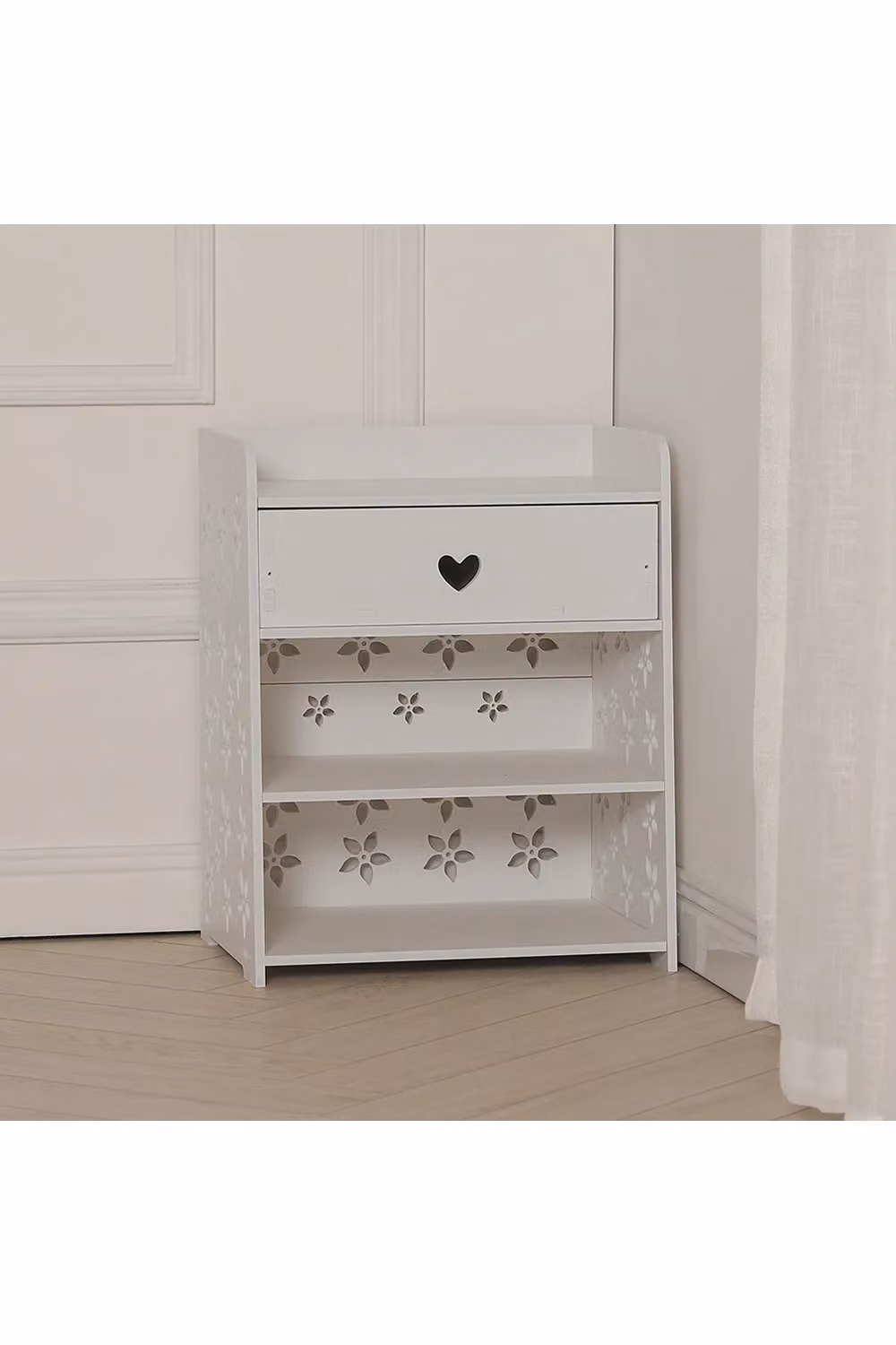 Living and Home 4-Tier Hollow Carved Floral Wooden Side Table and Nightstand with Drawer in White – 2