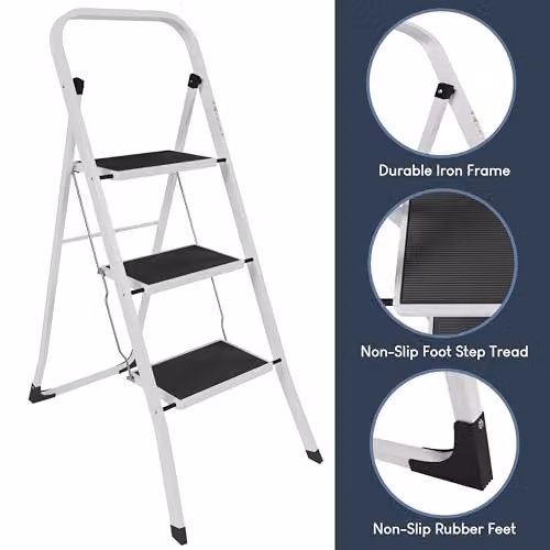Home Vida 3 Step Heavy Duty Steel Folding Ladder with Anti-Slip Rubber Feet, White, H: 105 cm, W: 46 cm – 4