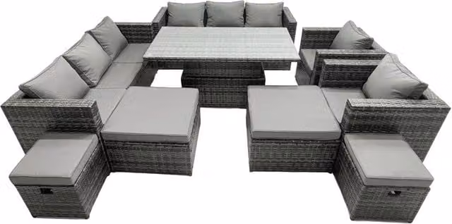 Fimous Rattan Dining Table and Sofa Set with 4 Stools in Dark Grey for 12 People – 1
