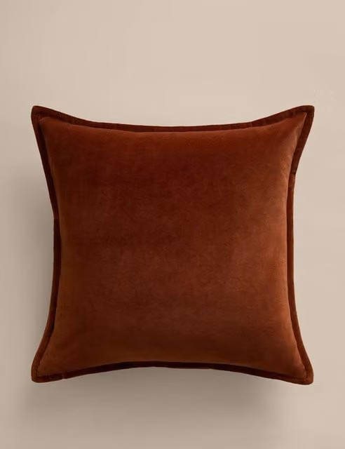 M&S Pure Cotton Velvet Square Cushion Cover in Rust Brown