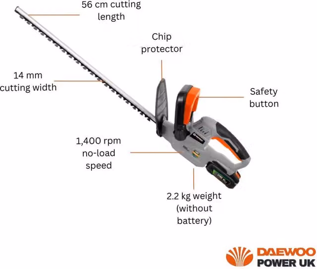 Daewoo U-FORCE 18V Cordless Reciprocating Garden Hedge Trimmer (Body Only) - Black, Silver and Orange