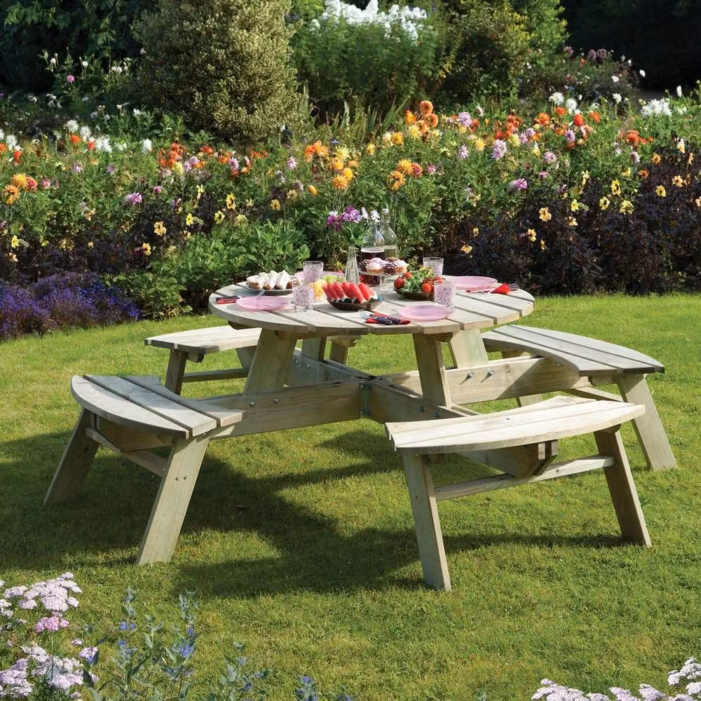 Rowlinson Round Wooden Picnic Table in Brown, W: 200 cm, D: 200 cm, H: 72 cm – 2